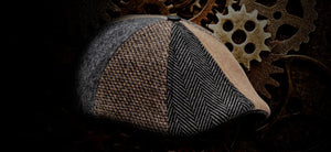 Celebrate 11 Years of Boston Scally with The Steampunk cap, 8-Panel Patchwork made of grey and tan twee and herringbone fabrics